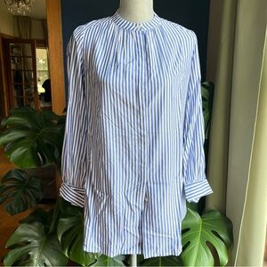 LOFT Striped Blue and White Crossover Back Button Up Tunic Blouse